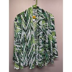 Ruby Rd Womens Open Knit Cardigan Sweater Green White Black Print XL